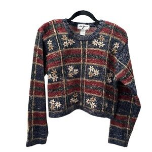 Vintage Women’s L Floral Knit Crew Neck Cropped Sweater